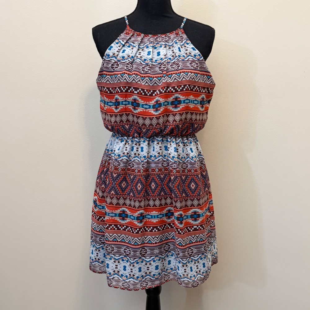 By & By Womens M Geometric Southwestern Mini Dress High Neck Orange Blue Aztec